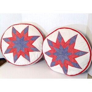 Vtg Patchwork Throw Pillows Colorful Cushions Round Quilted 70s Retro 2 Ct. 16"
